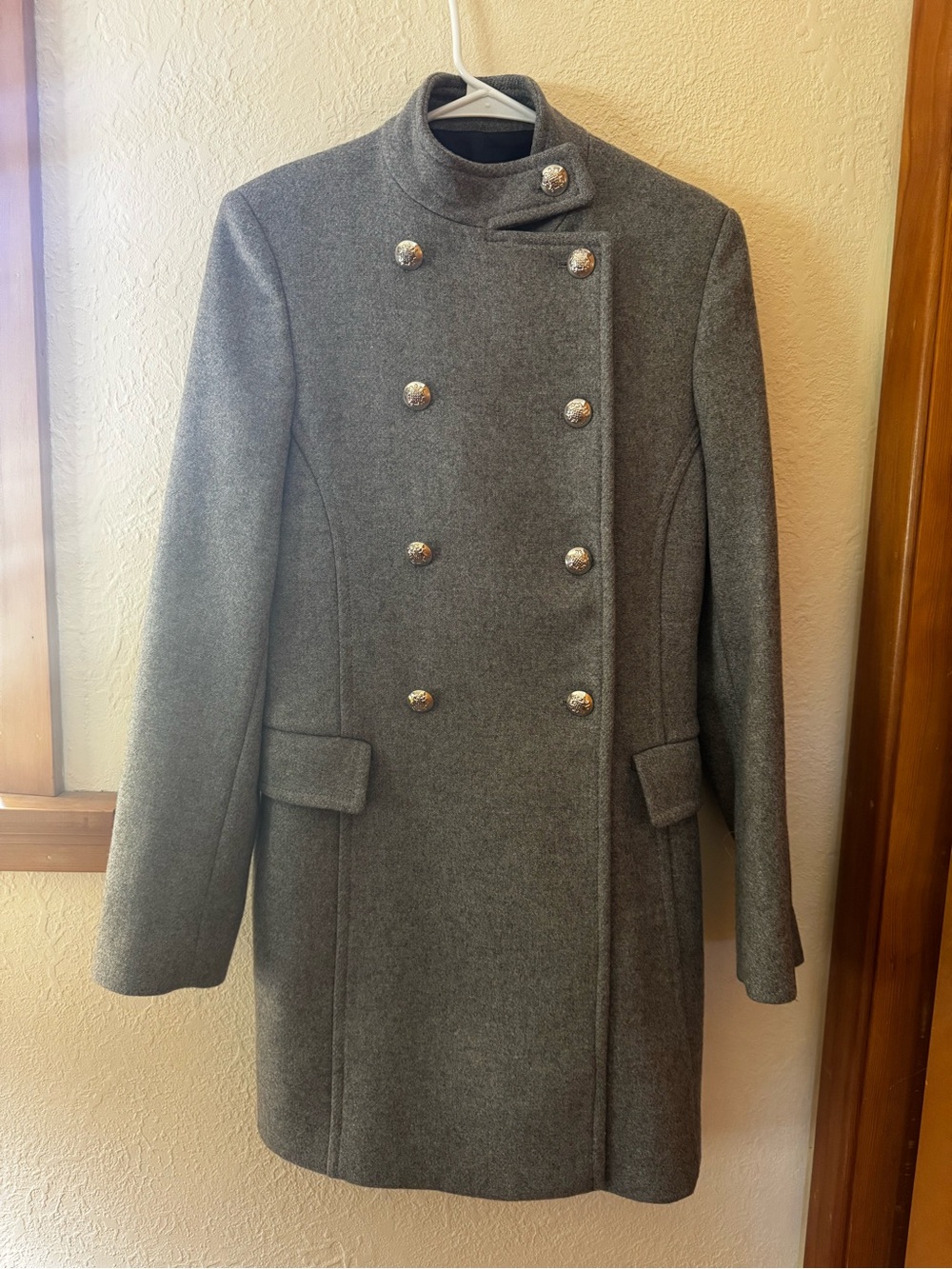 Zara Women's Double-Breasted Grey Wool-Blend Military Coat Small
